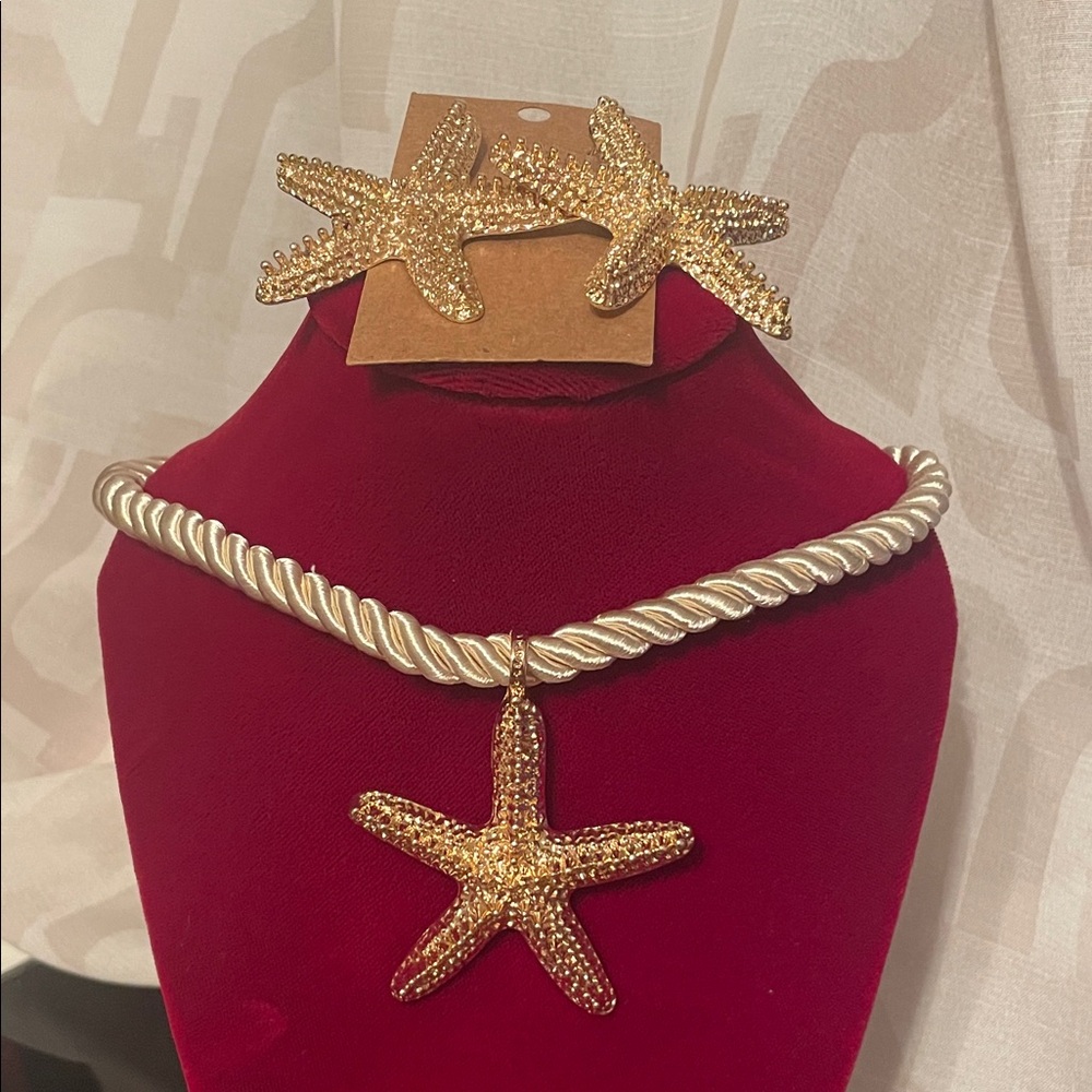 Gold Starfish Pendant Necklace and Earrings Set - Women Accessories